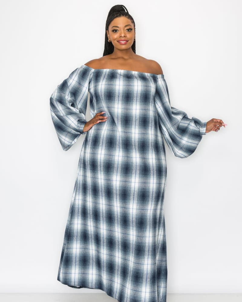Plus-Size Zoe Flannel Maxi Dress | White/Navy/Blue